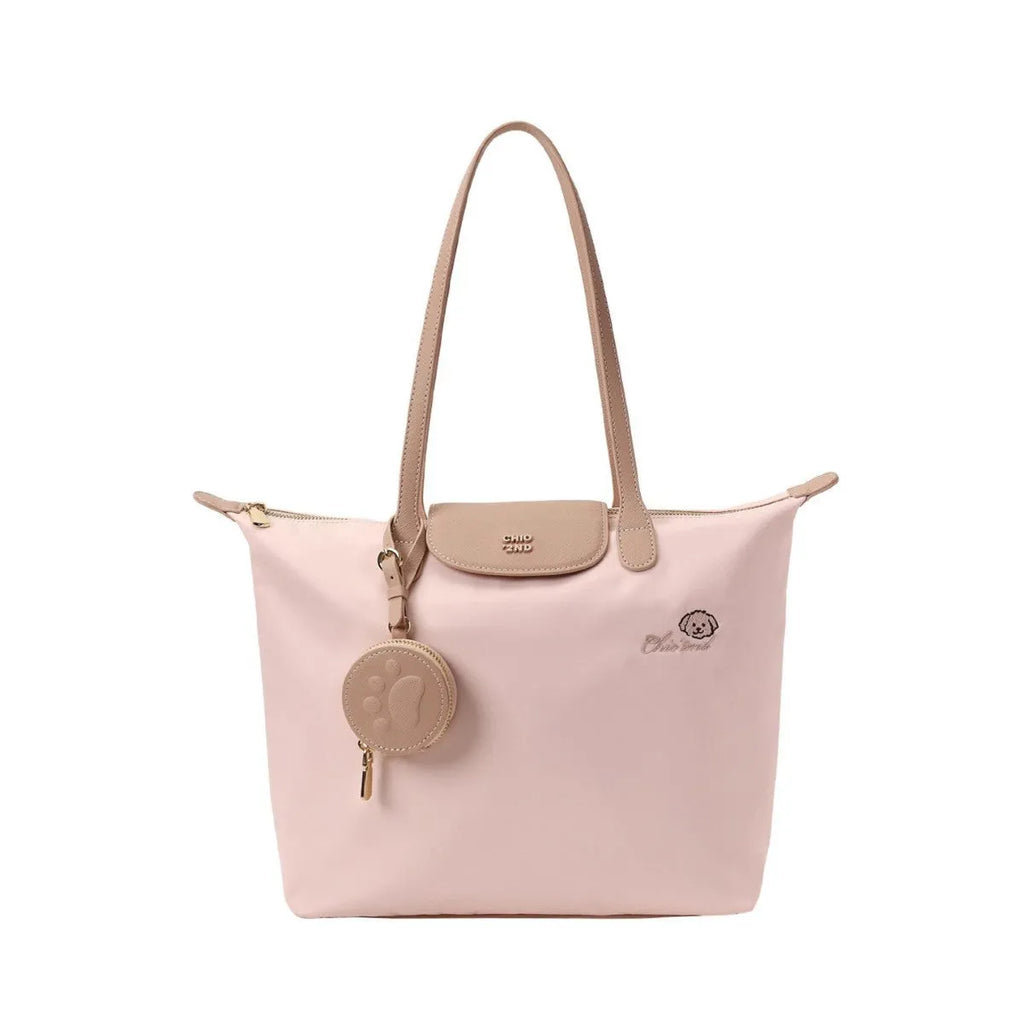 Women's pink Oxford cloth large capacity shoulder tote bag with a phone pocket.