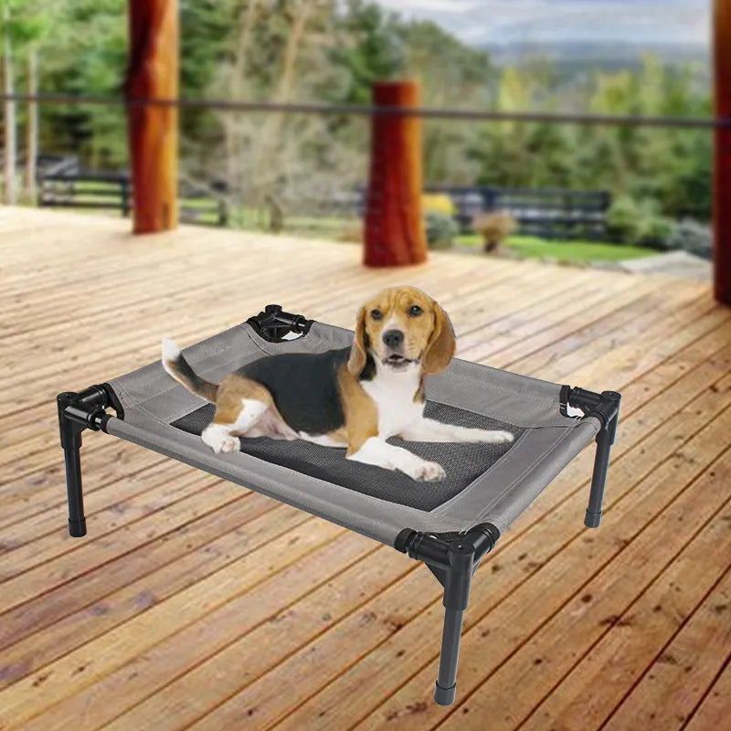 Black outdoor pet dog bed with removable Oxford cloth cover on steel frame