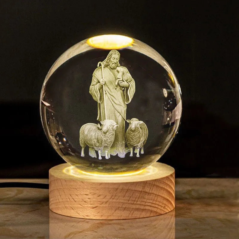 White crystal ball desk ornament on a wooden warm light base, showing purity-themed designs.