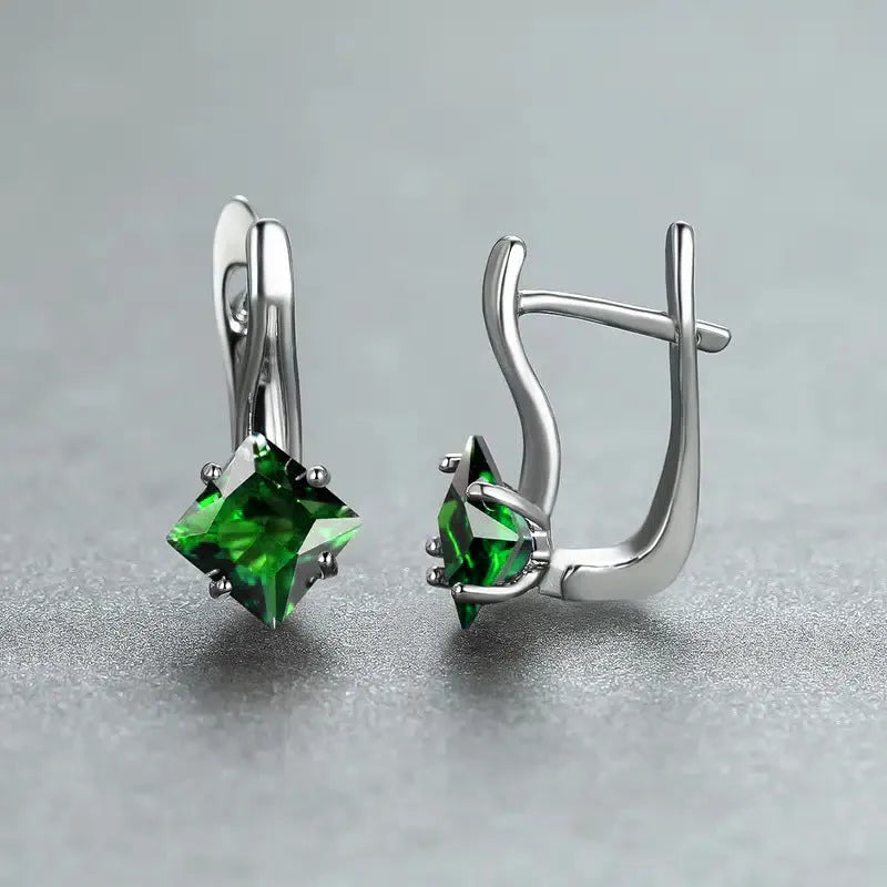 Women's copper earrings with diamond design featuring inlaid zircon elements in blue, colour, and green options