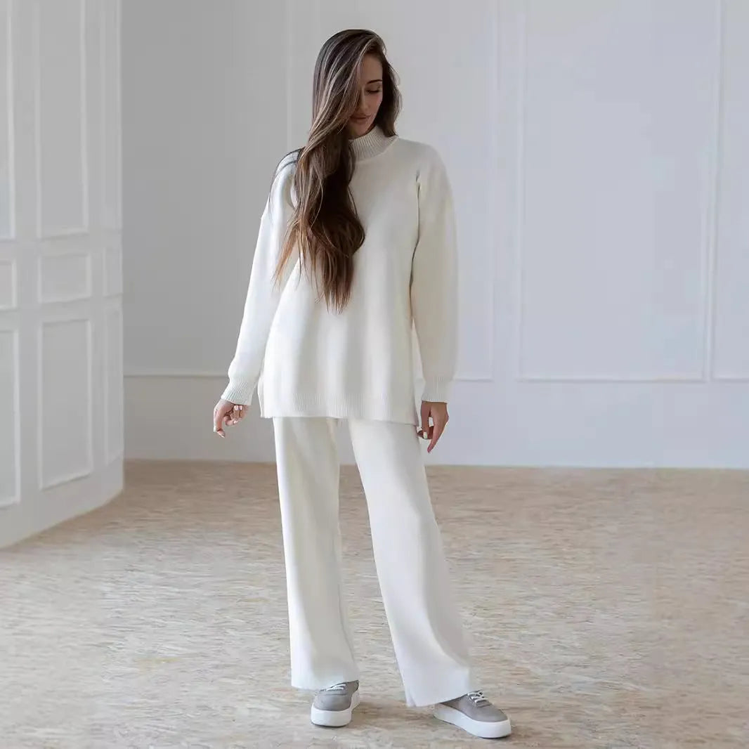 Women's knit sweater suit with turtleneck top and trousers in solid colour, available in green, pink, apricot, white, black