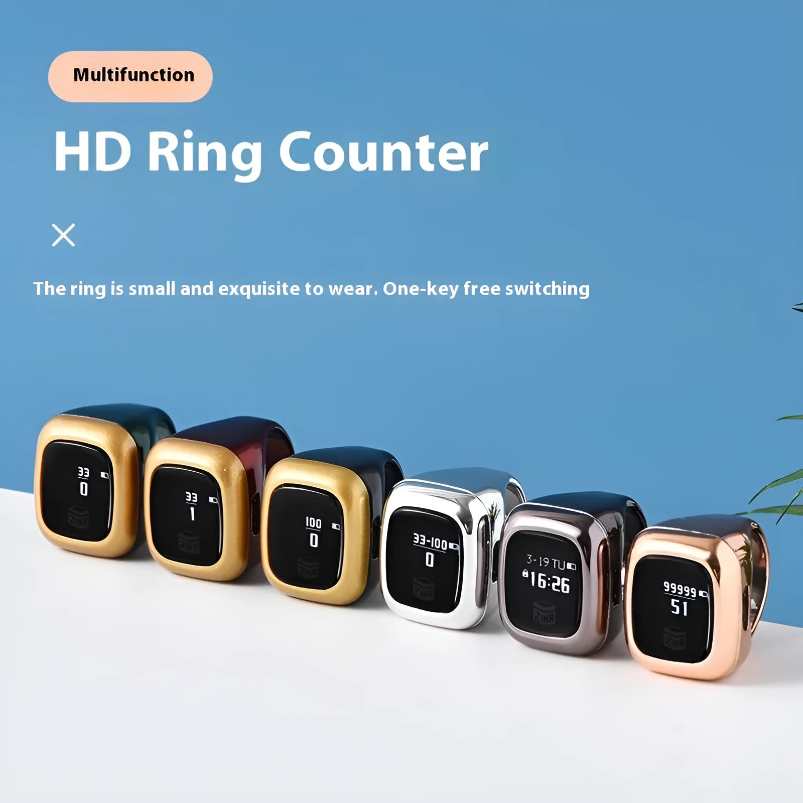 Electronic counter with display screen showing digital numbers, available in black, space gray, rose gold, silver, wine red, and green colours