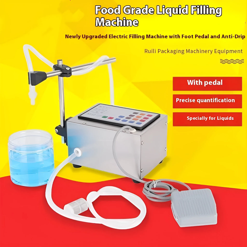 CNC automatic quantitative liquid filling machine GFK-280 on a workbench with digital display.