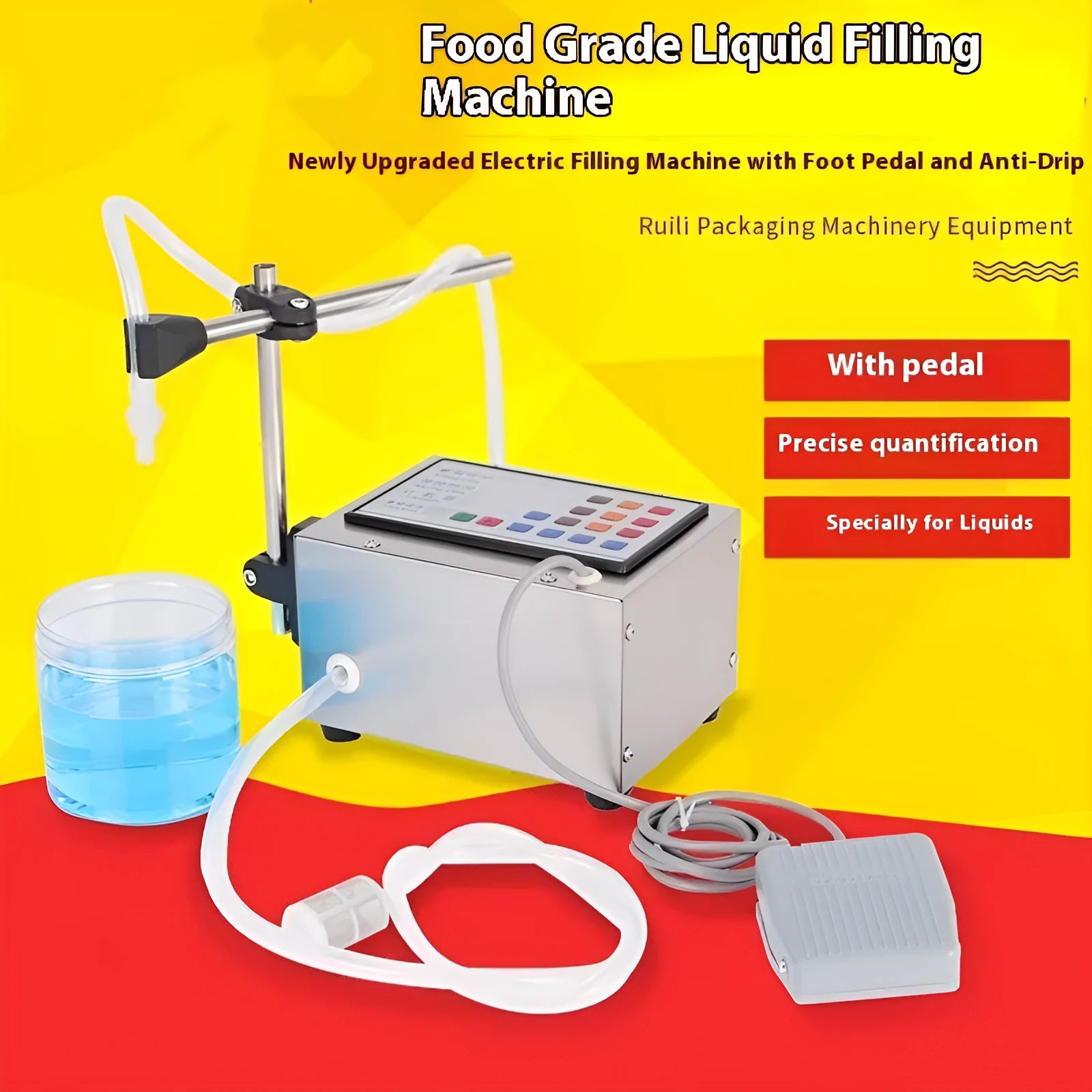 CNC automatic quantitative liquid filling machine GFK-280 on a workbench with digital display.