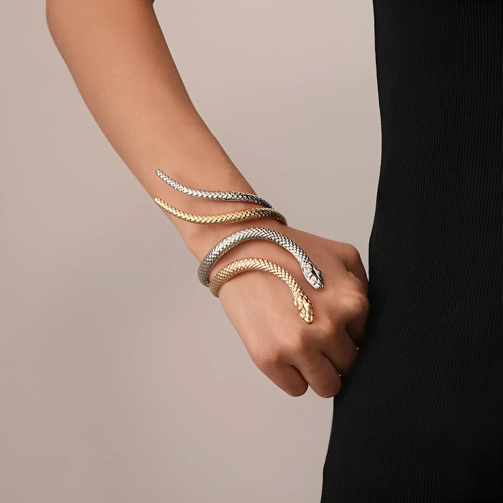 Gold and silver exaggerated twisted snake design metal ring and bracelet jewellery set