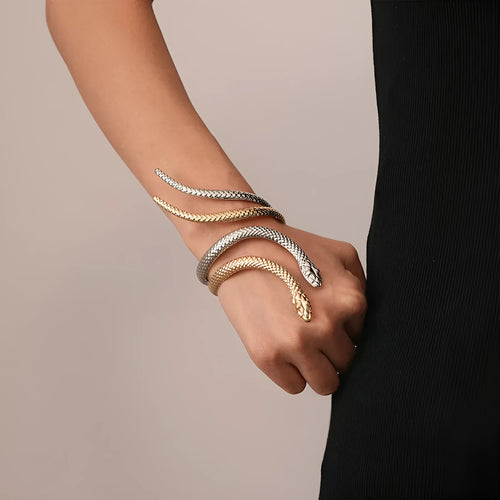 Gold and silver exaggerated twisted snake design metal ring and bracelet jewellery set