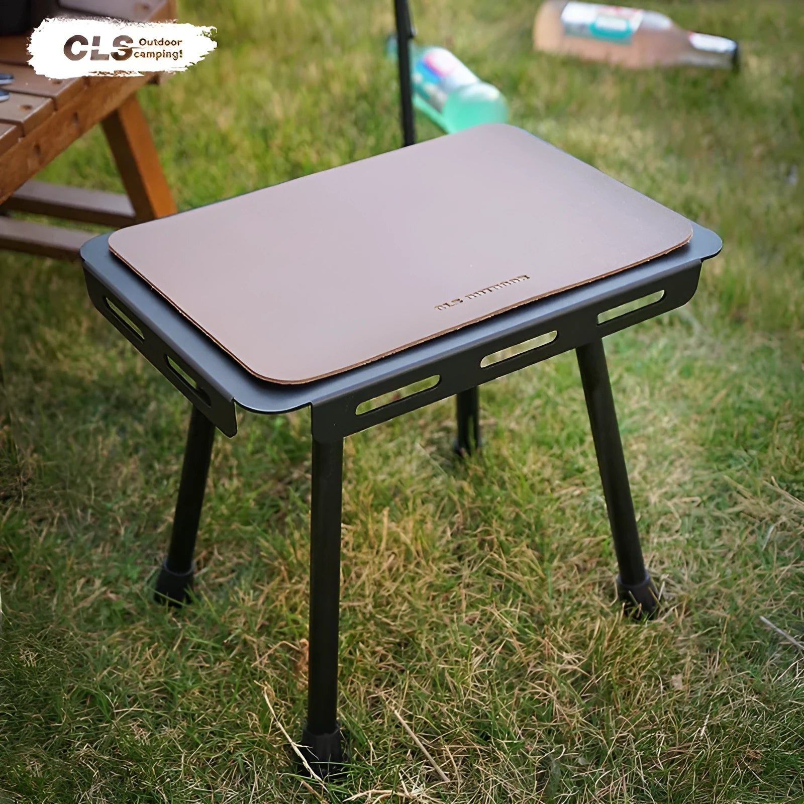 CLS aluminium folding camping stool shown in dual-use mode as a seat and small table with storage bag.