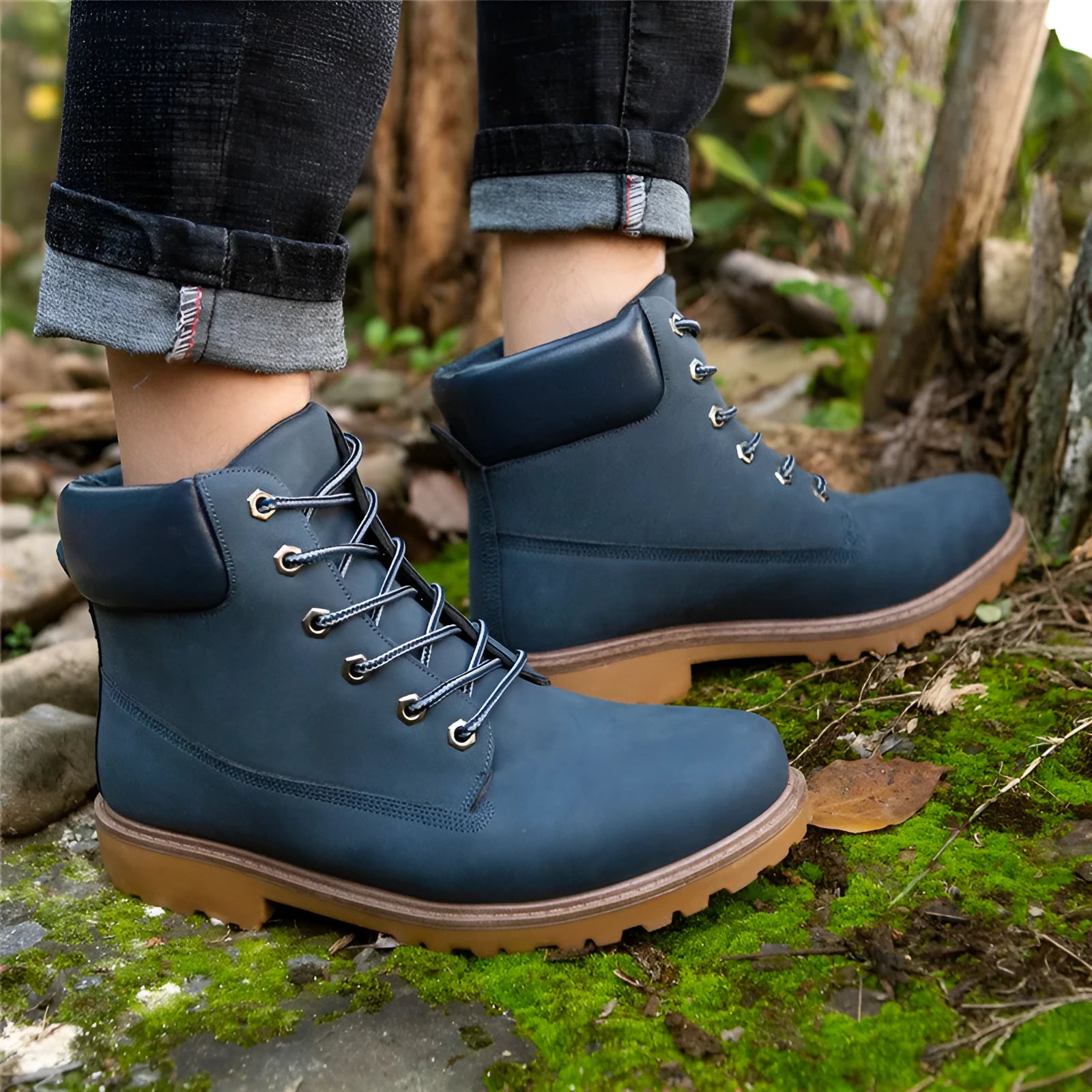 Men's pink high-top Martin boots with front lace-up and round toe design