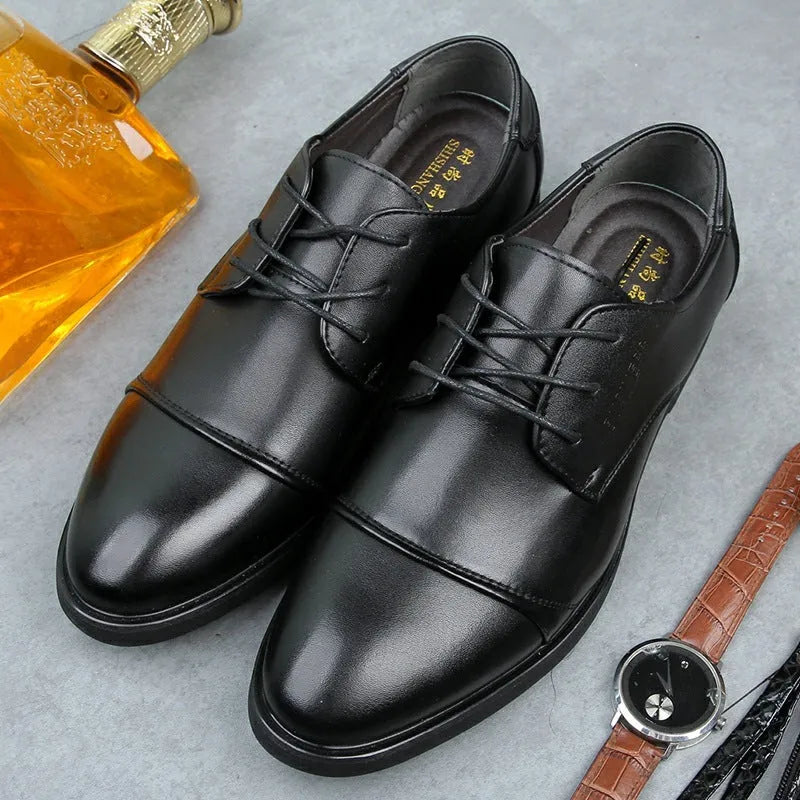 Men's black formal lace-up shoes with rubber sole and horse buckle detail