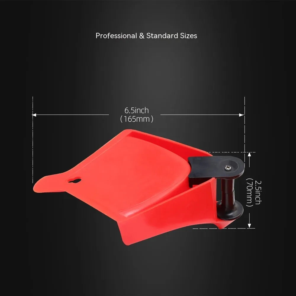 Set of four bright red, wedge-shaped rubber parking blocks for car tyres.