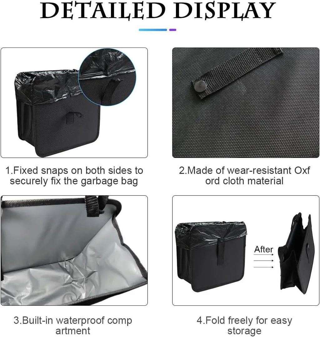Black foldable car hanging trash can made from Oxford cloth, shown with dimensions.