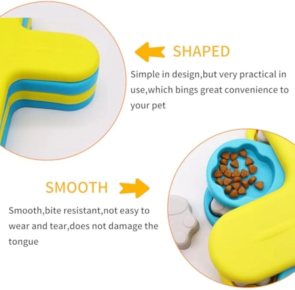 Yellow interactive dog puzzle feeder bowl with rotating lids on a non-slip base.