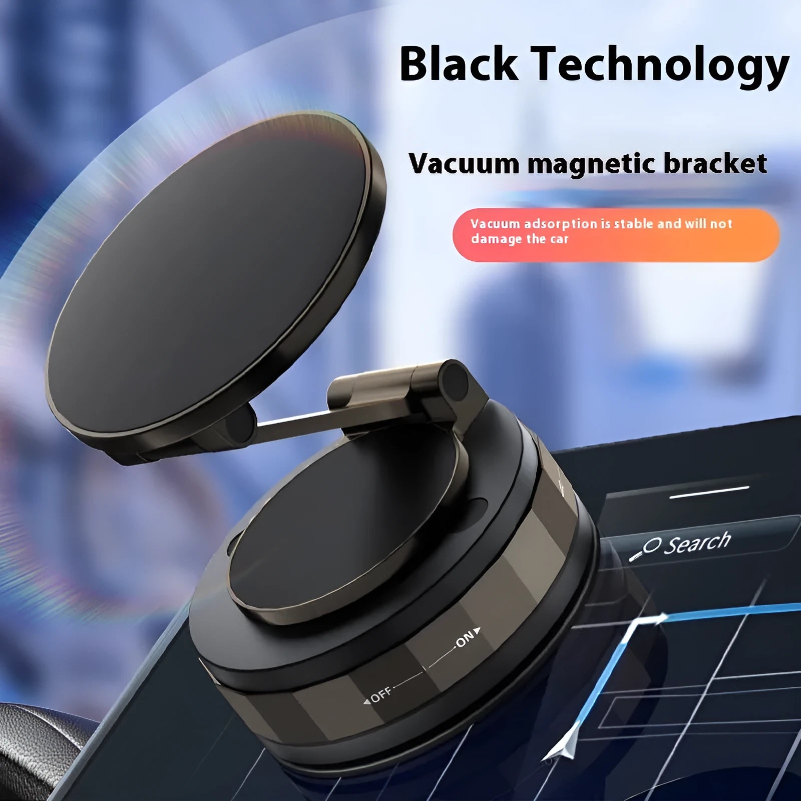 Folding vacuum suction cup car phone holder in T30 black zinc alloy on car dashboard