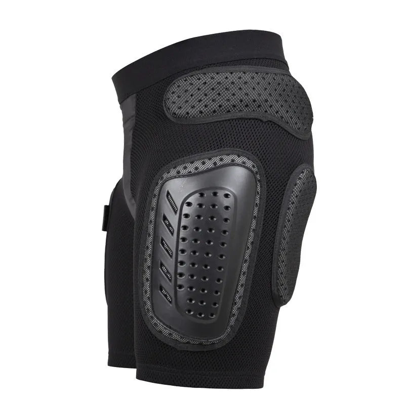 Black cycling hip pad protective pants with adjustable waistband for mountain biking and motocross