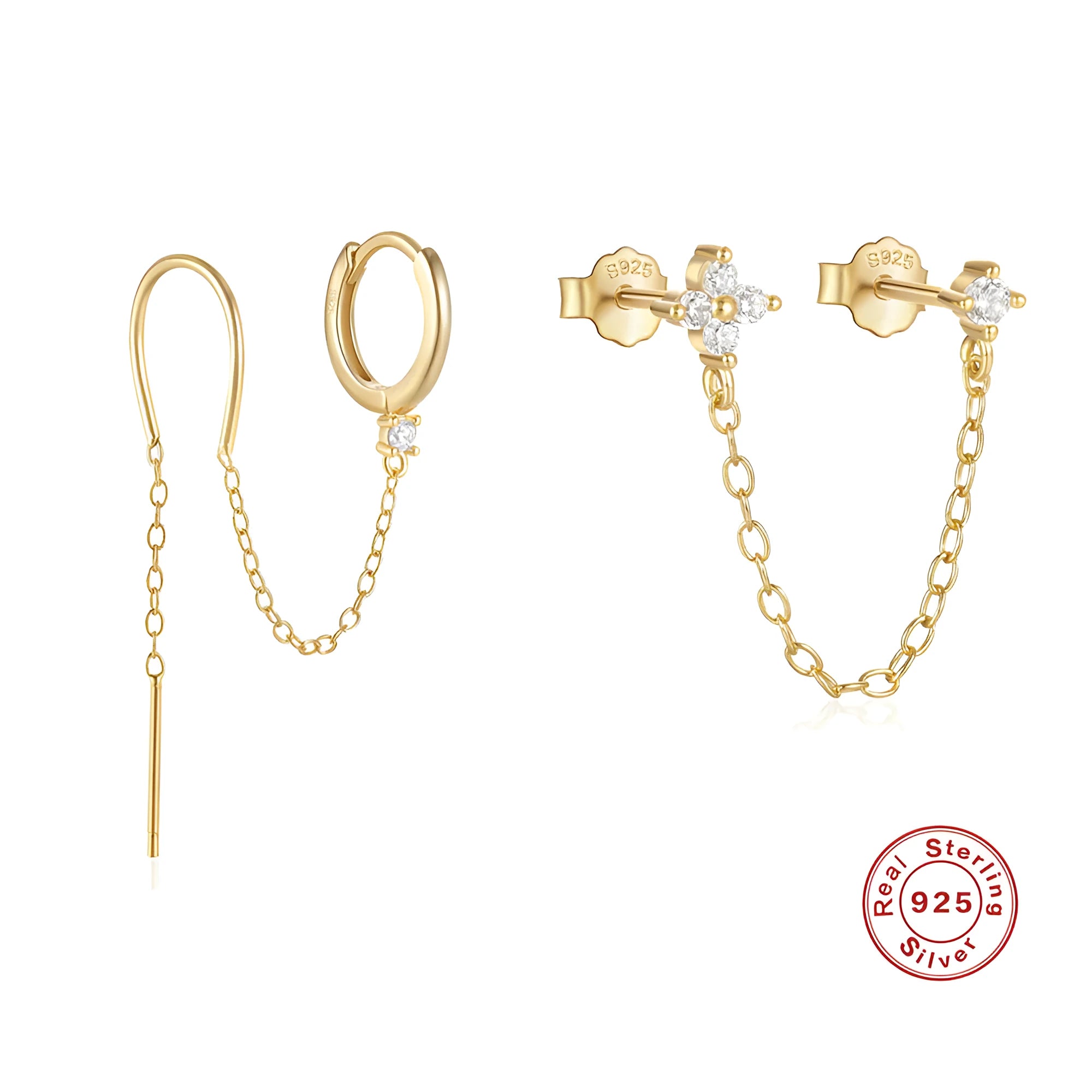 S925 sterling silver ear stud with geometric diamond flower, tassel, and chain design in a gold colour.