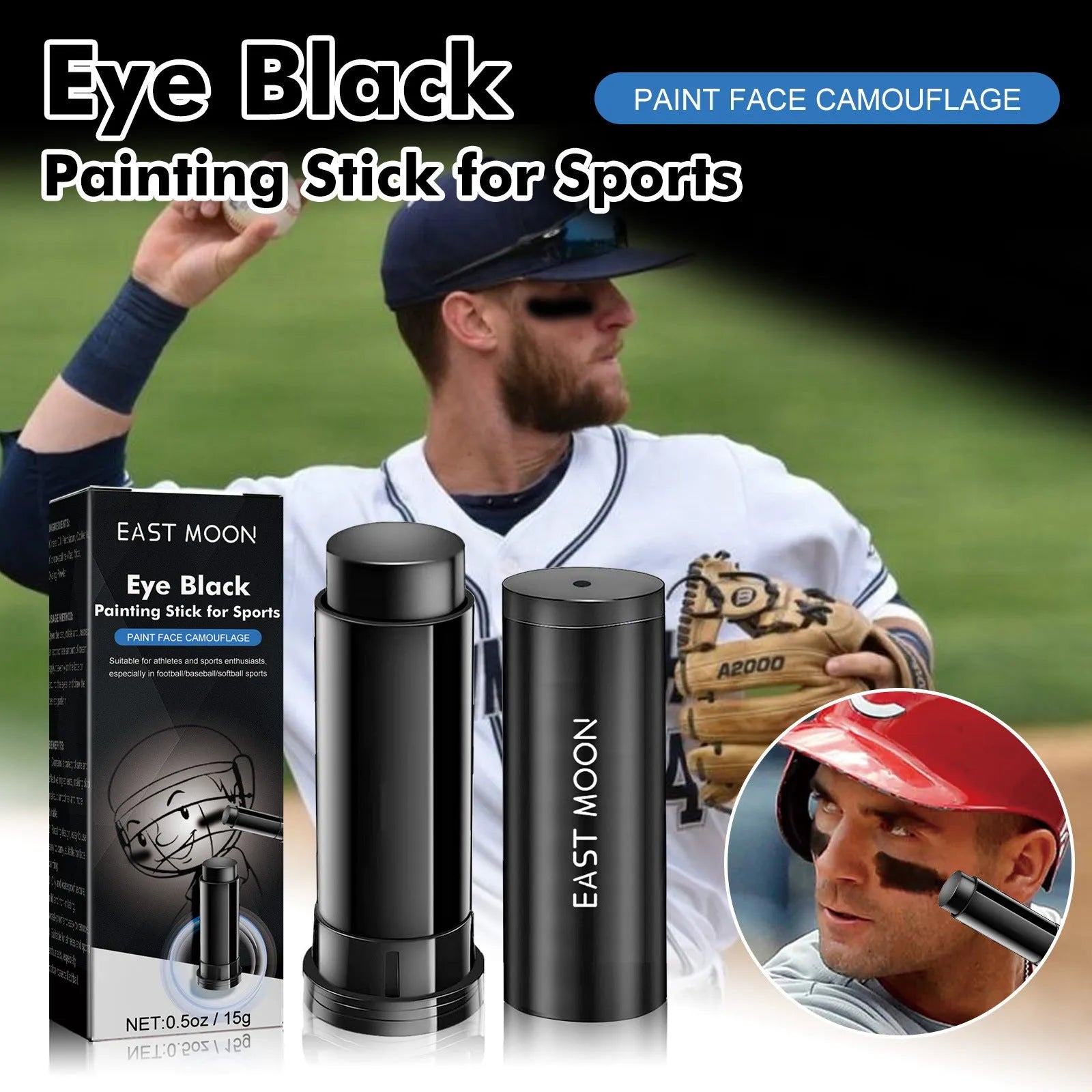 Sports eye black paint stick for baseball athletes with sweat-proof formula in 15g packaging