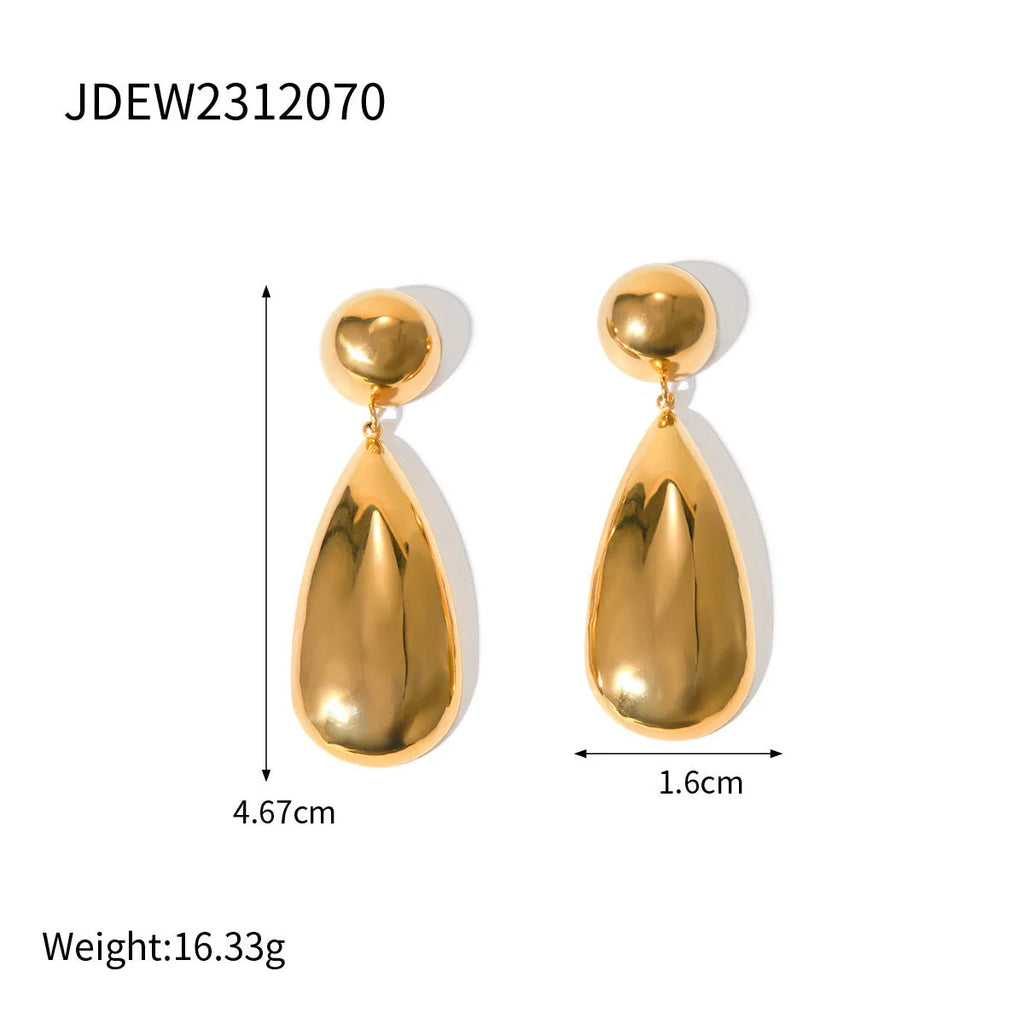 Gold-colour stainless steel pendant earrings with geometric hemisphere and water drop design.