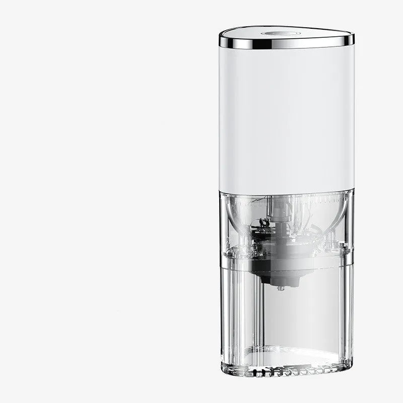 White portable electric coffee grinder with ceramic burr and USB charging cable