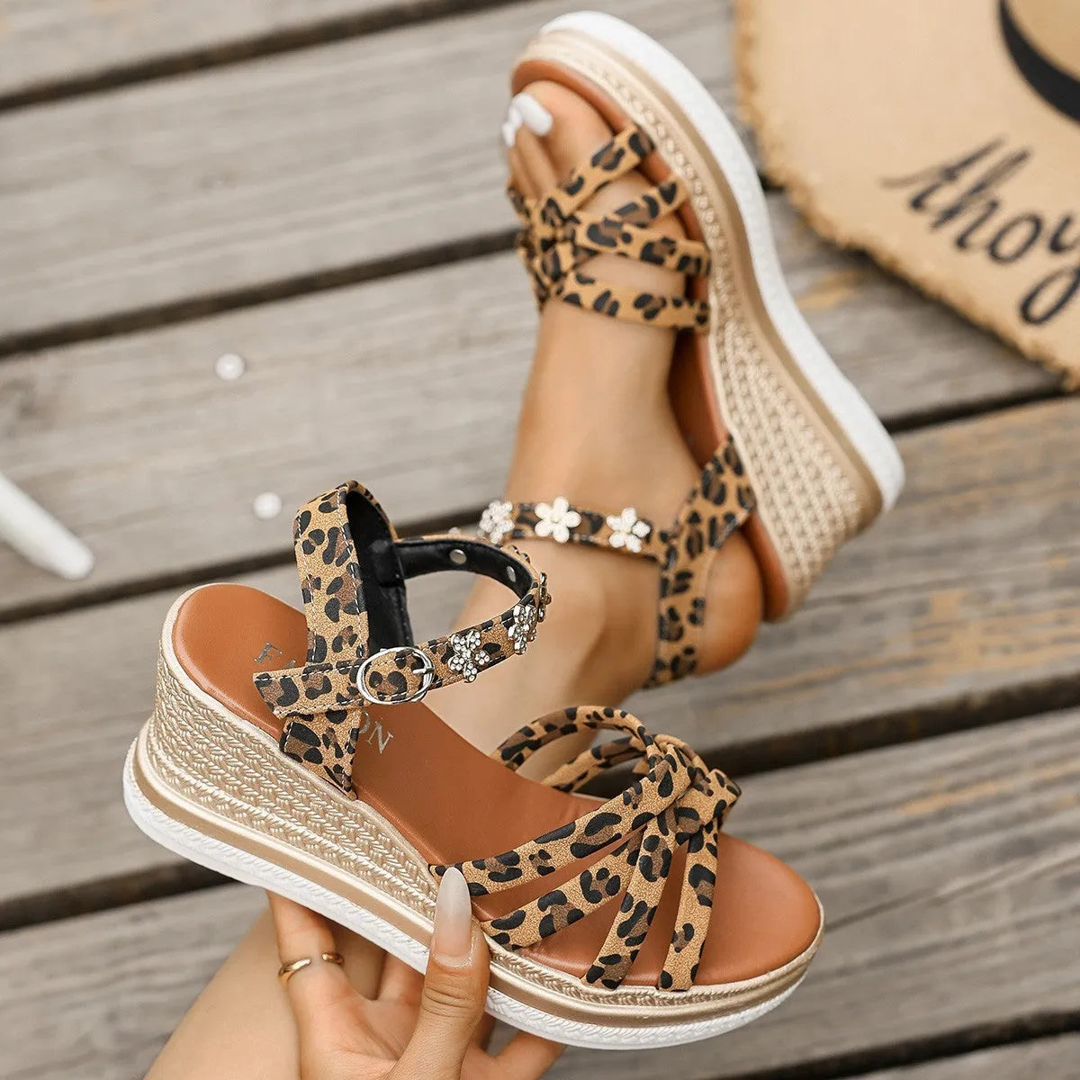 Light brown suede platform sandals with ankle buckle and open toe design