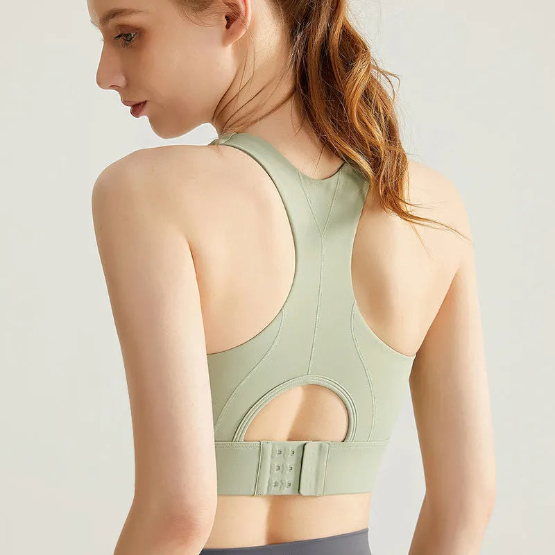 Women's 3/4 cup sports bra in nylon with fixed double shoulder straps, shown in Autumn Fragrance Green.