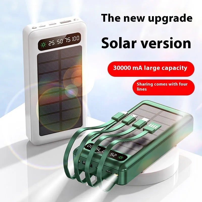 Solar power bank with cable showing 30000 mAh capacity, available in black, white, and green colours