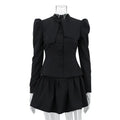 Women's gray bow tie long sleeve suit top and skirt two-piece set with button detail