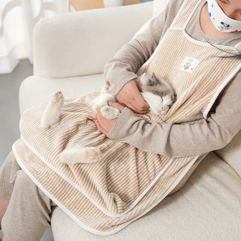 Cat petting apron in cloth material showing colour options including pink, light blue, light purple and striped patterns