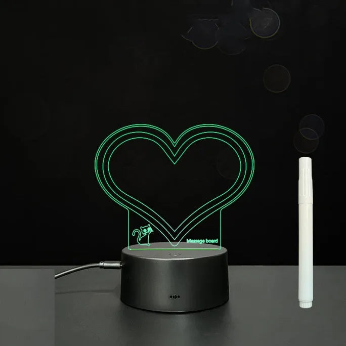 3D acrylic LED message board with touch control, black ABS base, USB cable, and stylus pen on desk