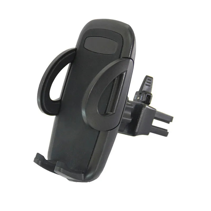 Black ABS plastic car air vent phone holder with adjustable gooseneck arm and universal phone clamp