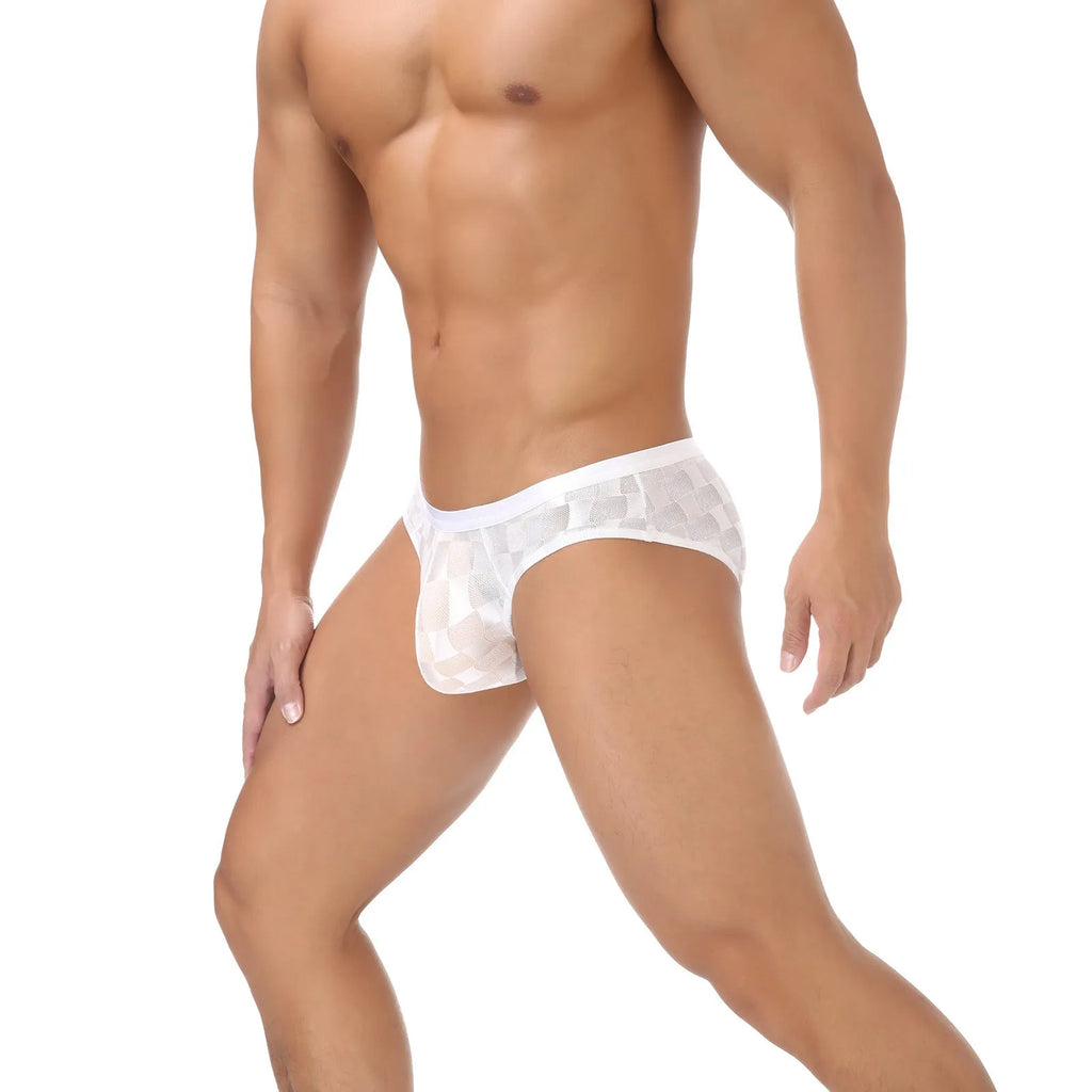 Men's black and white plaid mesh underpants showing U-convex design and lace fabric.