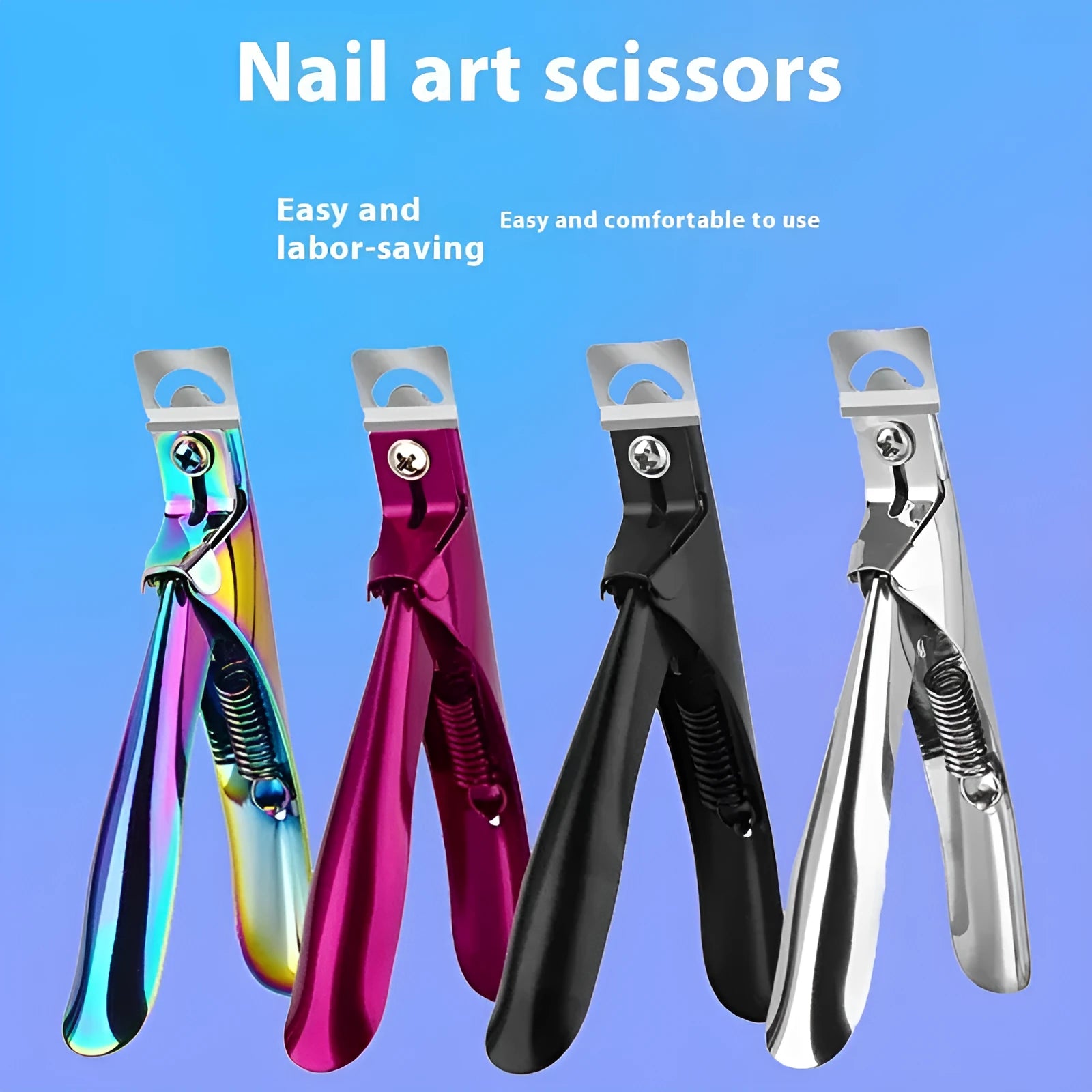 Stainless steel U-shaped nail scissors with an electrophoretic coated handle.