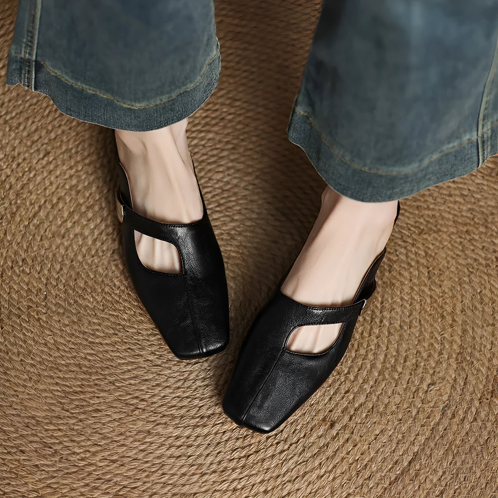 Square toe low heel outdoor slippers in black, beige, or silver colours.