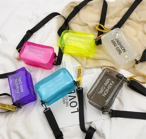 Transparent square jelly women's shoulder bag with adjustable strap shown in multiple colours.