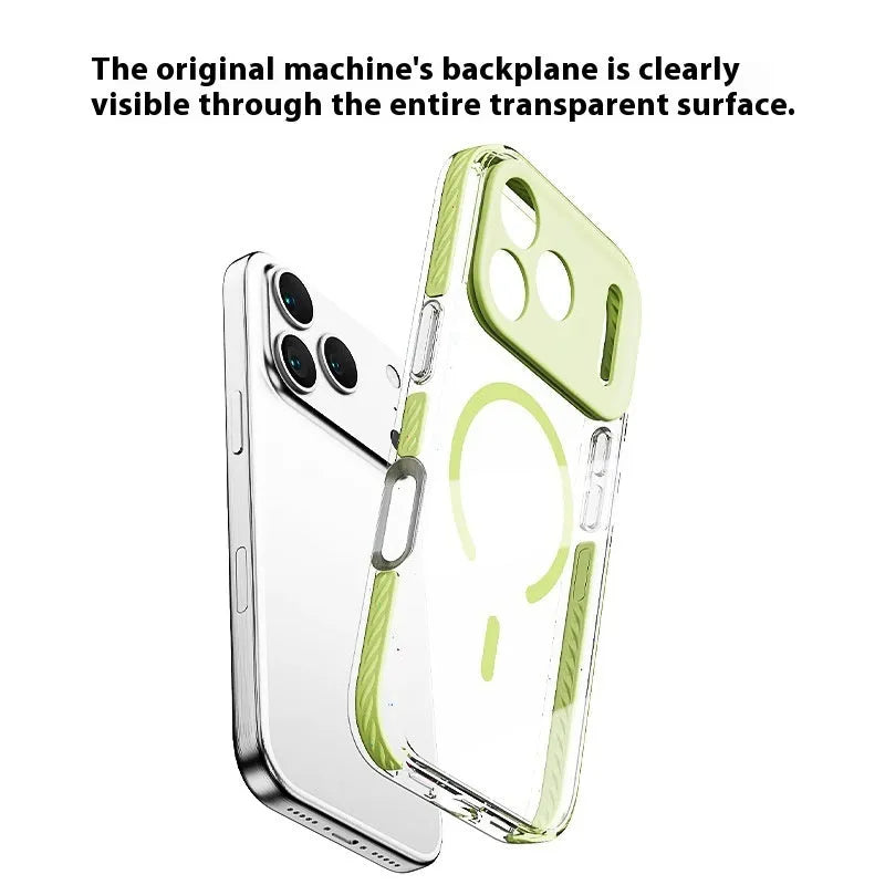 Transparent three-in-one magnetic iPhone case showing drop-resistant protection in Candy Green colour