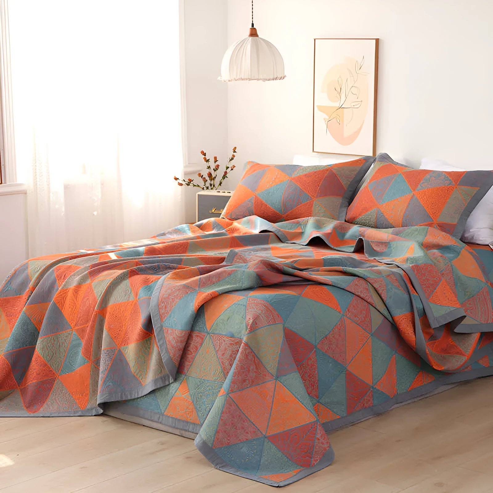 Cotton gauze bed blanket three-piece set with floral pattern and matching pillowcases