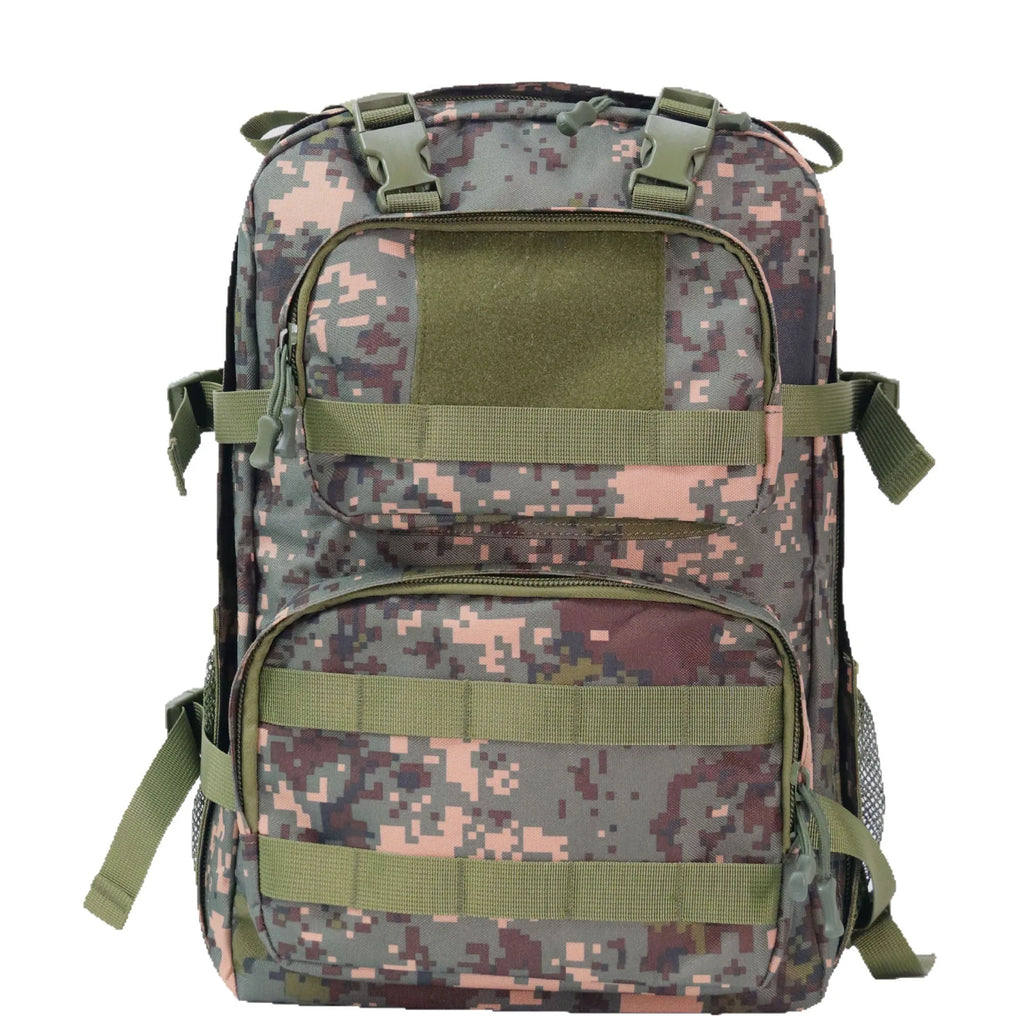 Green camouflage waterproof outdoor rucksack with black straps, shown from a side angle.