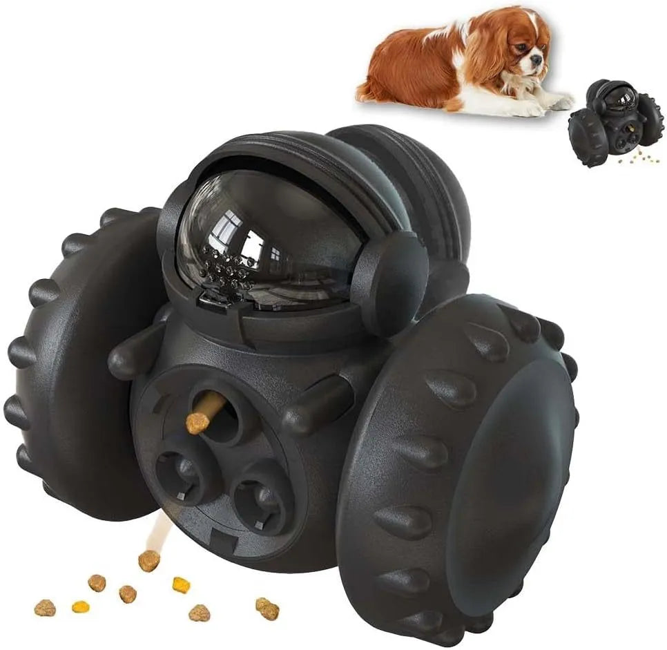 Self-balancing dog treat dispenser toy for small pets in robot design with roller system