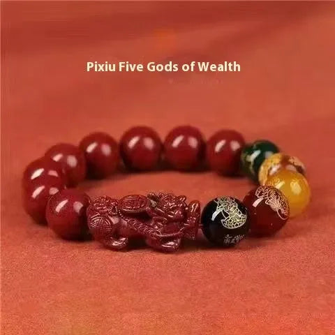 Cinnabar Five Gods Of Wealth bracelet with Pixiu animal charm in national style.