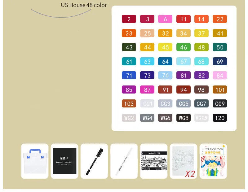 48-colour oily soft-tip marker set with square rods, round and oblique heads for student artwork