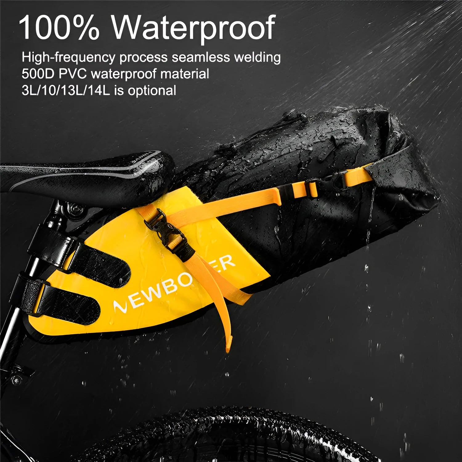 Yellow waterproof PVC bicycle tail bag mounted on a bike rack, showing its 58cm length and large main compartment.