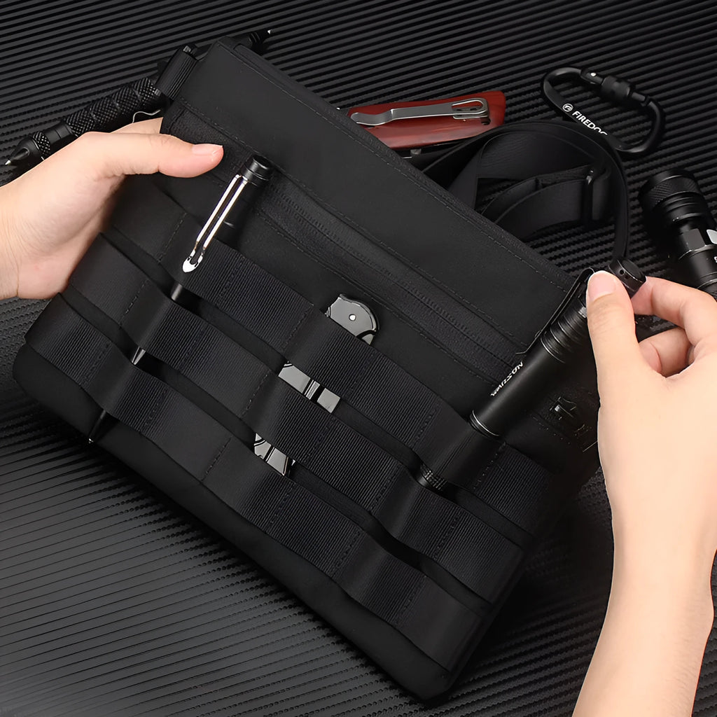 Black Oxford cloth portable outdoor organiser kit measuring 18cm by 3.5cm for military enthusiasts