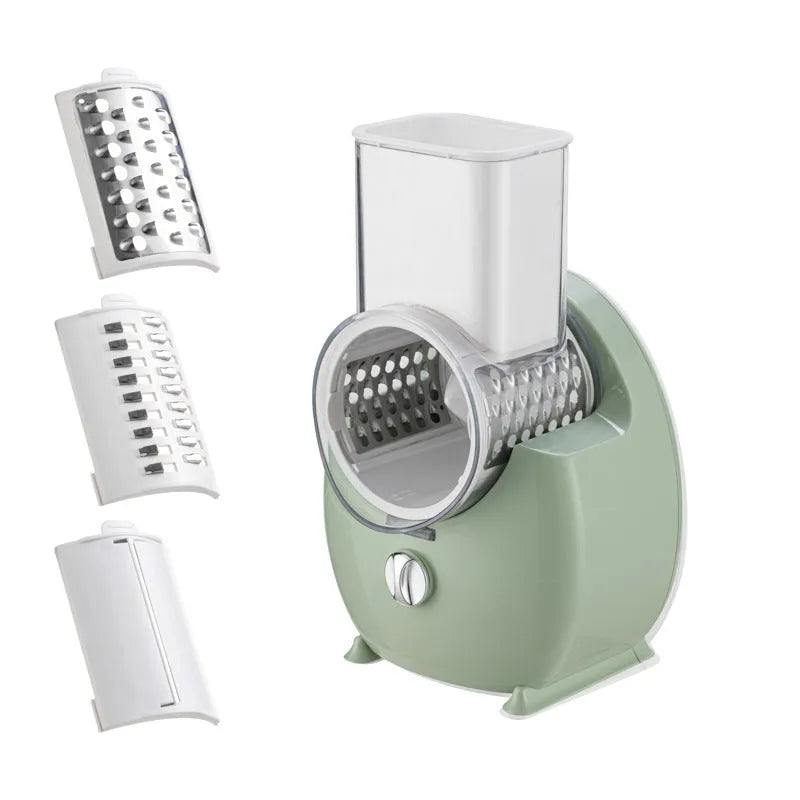 White electric vegetable slicer with suction base and interchangeable blades for potato carrot cutting