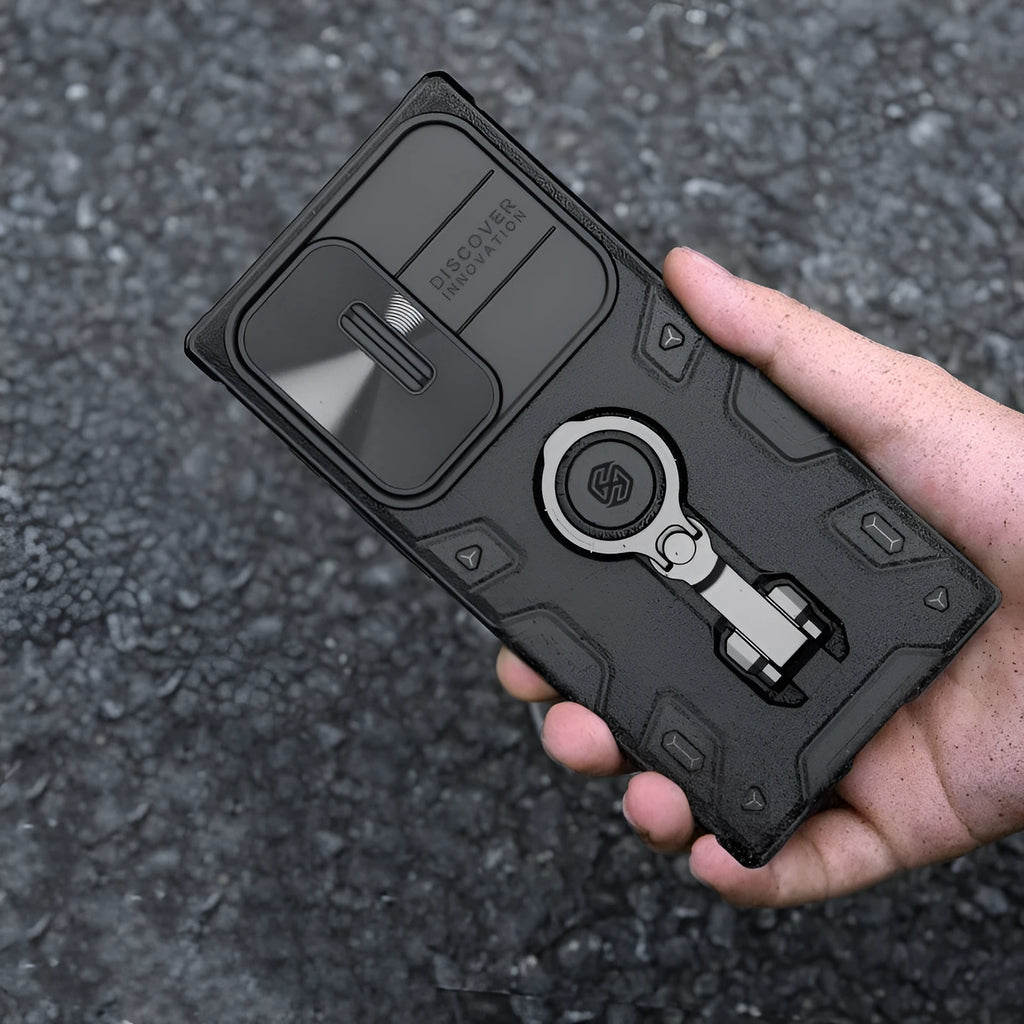 Samsung S23 Ultra shockproof case with lens push cover and ring bracket in black side view