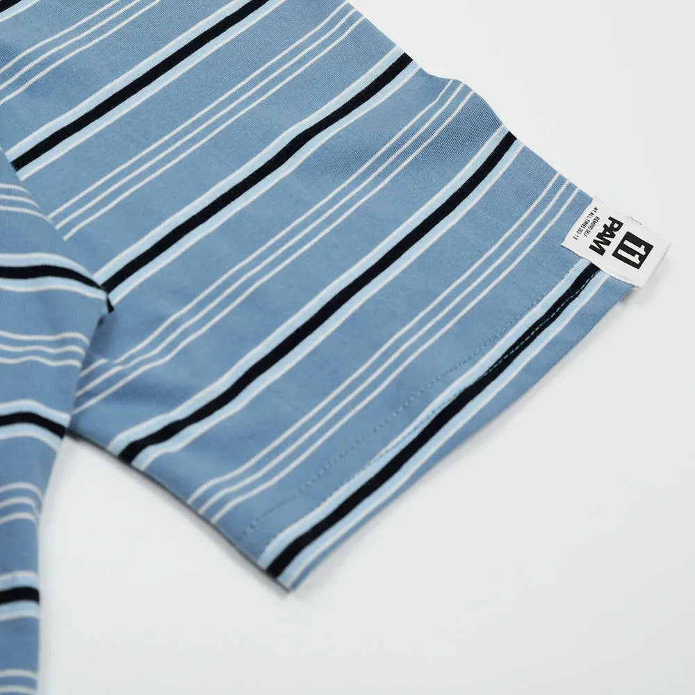 Blue vintage stripe loose-fit short-sleeved cotton polo shirt laid flat