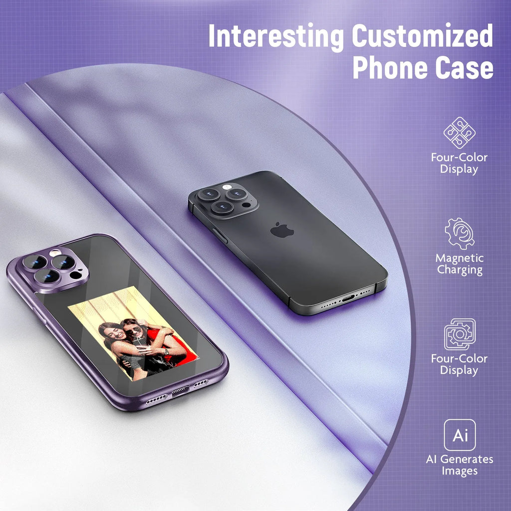 iPhone 15 Pro flip phone case with NFC ink screen in black and purple colour options