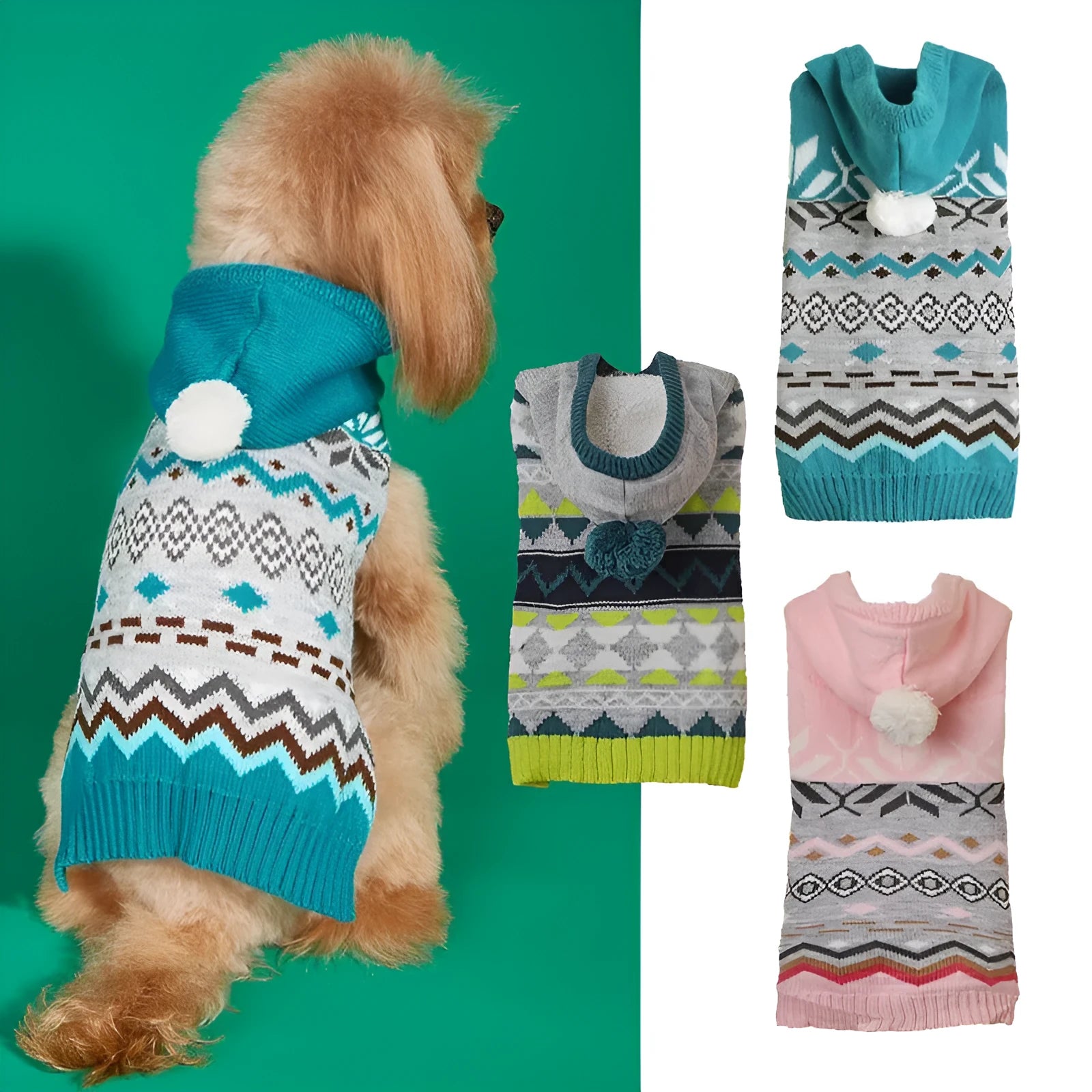 Diamond pattern pet sweater for dogs in blue, green, or pink acrylic knit