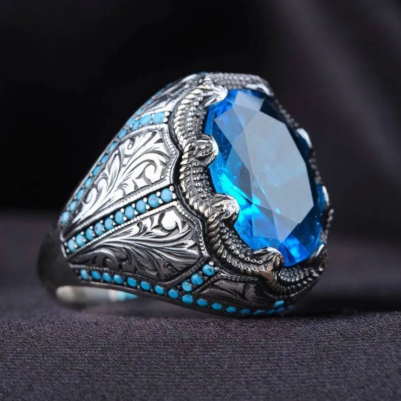 Geometric blue zircon alloy couple ring in antique silver electroplating showing detailed design