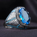 Geometric blue zircon alloy couple ring in antique silver electroplating showing detailed design