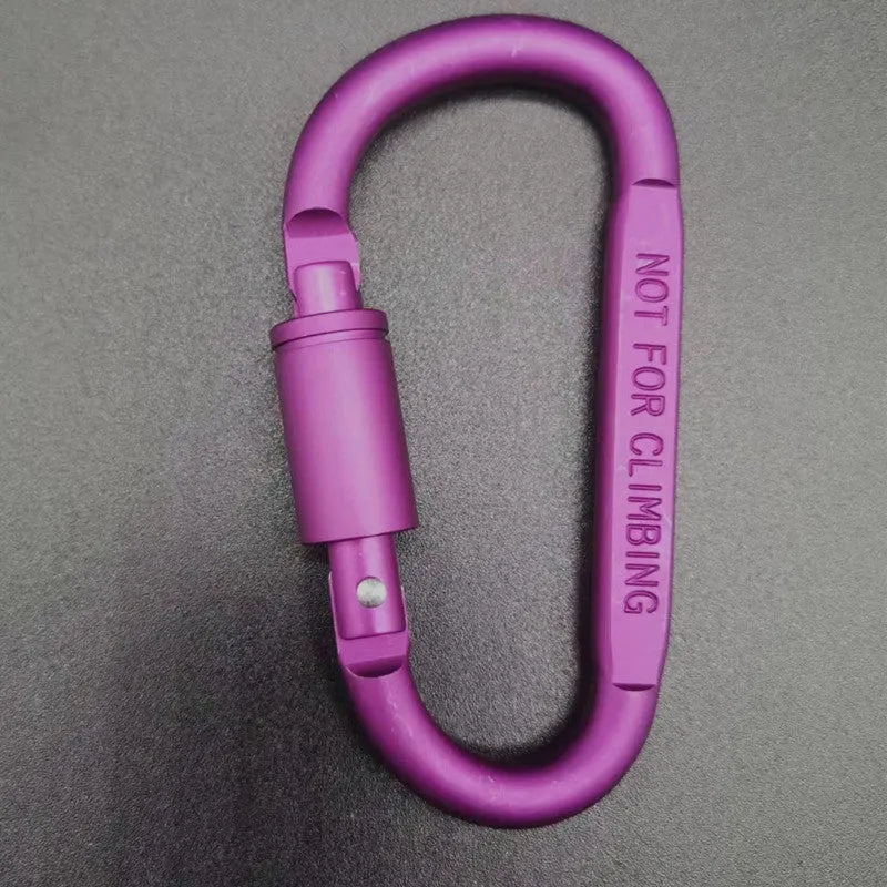 D-type aluminium locking carabiner in a selection of ten colours on a grey background.