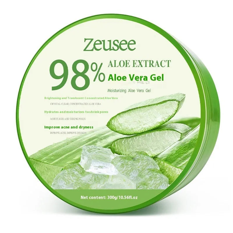 Jar of 98% or 99% aloe vera gel facial moisturiser with a spoon for acne control and post-sun repair.
